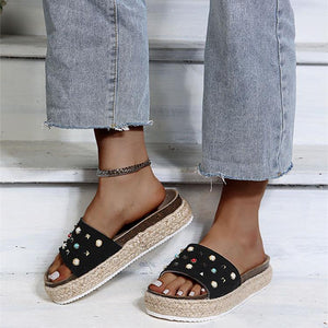 Women rhinestone strap flatform slide espadrille sandals
