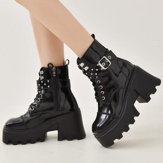 Women buckle strap lace up chunky platform short black boots