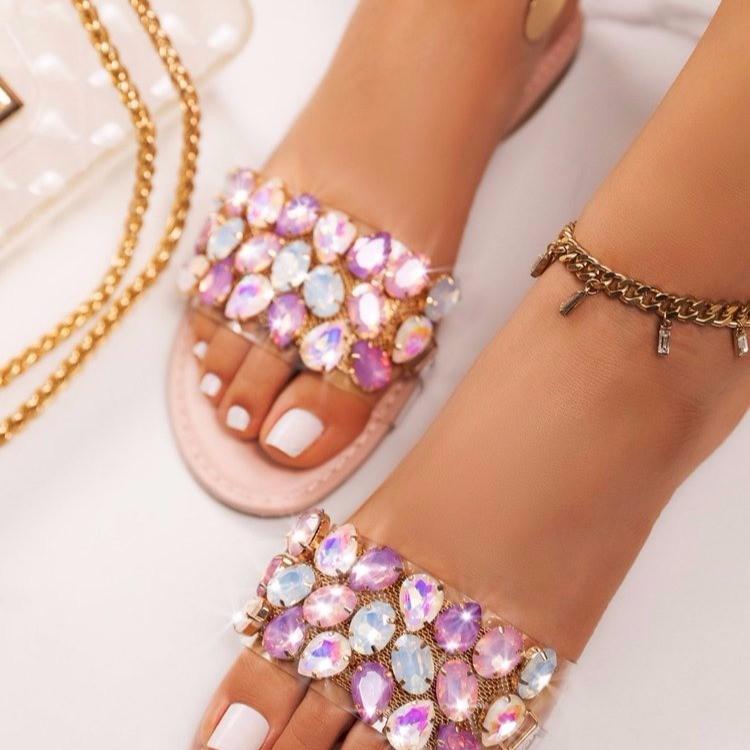 Women peep toe colorful rhinestone flat slide sandals