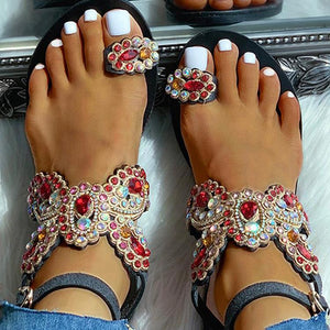 Women butterfly rhinestone ring toe sandals