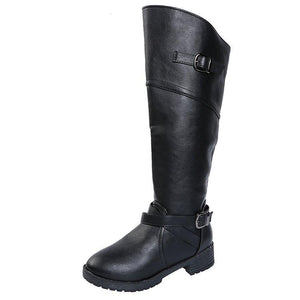 Women buckle strap side zipper chunky heel knee high boots