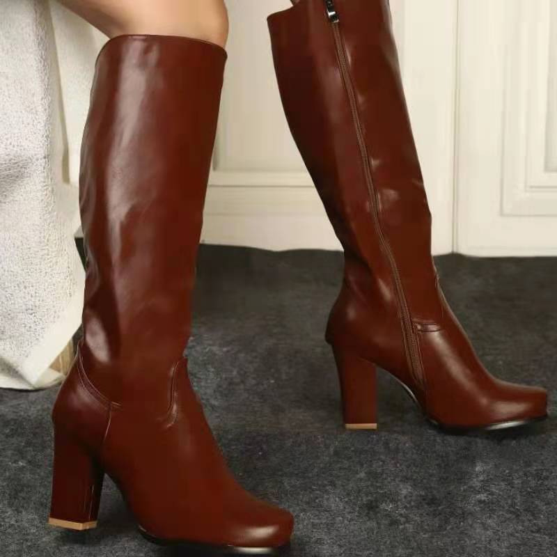 Women knee high chunky heel side zipper brown boots