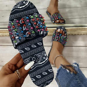 Women studded strap flower printed summer slide sandals