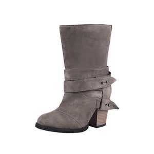Women chunky high heel buckle strap slip on mid calf boots