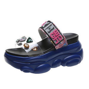 Women clear rhinestone two strap chunky platform slide sandals