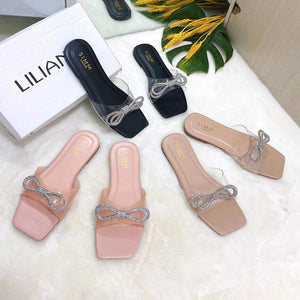 Women rhinestone bowknot square peep toe slide flat sandals