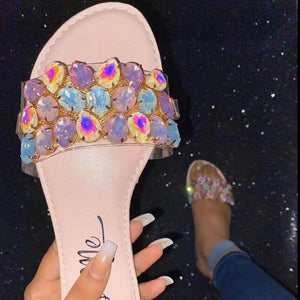 Women peep toe colorful rhinestone flat slide sandals