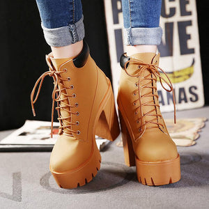Women prom high chunky platform lace up short heeled boots