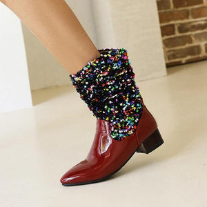 Women fashion colorful sequin pointed toe chunky heel mid calf boots