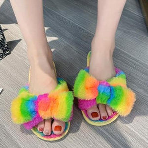 Women's rainbow striped fluffy slippers winter indoor shoes