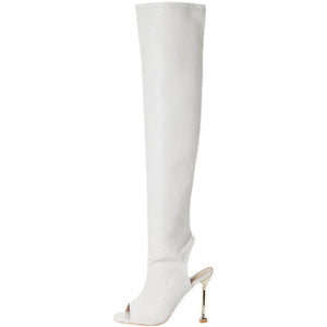 Women slim fit square peep toe slingback stiletto side zipper over the knee boots