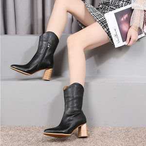 Women pointed toe stacked chunky high heel mid calf boots