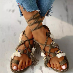 Women fringe clip toe lace up criss cross strap rhinestone sandals
