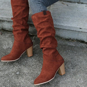 Women fashion chunky heel knee high slouch boots