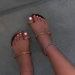 Women ring toe rhinestone strap flat slide sandals