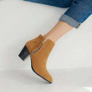 Women chunky heel side zipper pointed toe ankle boots