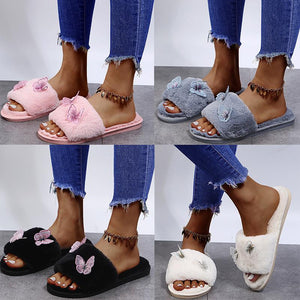 Women's butterfly warm plush slippers winter indoor shoes