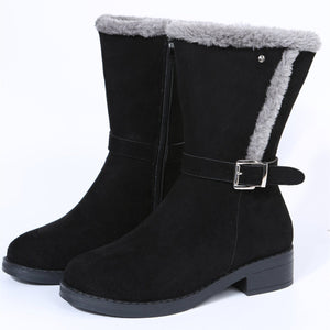 Women winter mid calf faux fur side zipper buckle strap snow boots