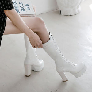 Women knee high chunky heel platform lace up boots