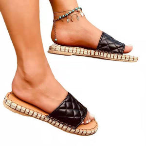 Women woven summer beach grid strap slide espadrille sandals