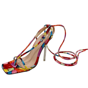 Women stiletto square toe buckle colorful strappy lace up heels