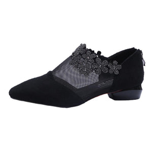 Women's crystal flower black lace mesh low heel sandals for wedding