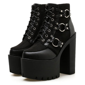 Women platform chunky heel lace up prom punk black boots