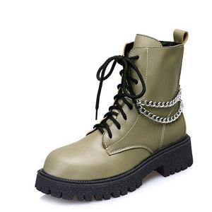 Women chain d¨¦cor chunky platform lace up short motorcycle boots