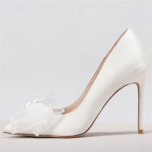 Women white rhinestone silk bowknot pointed toe stiletto high wedding heels