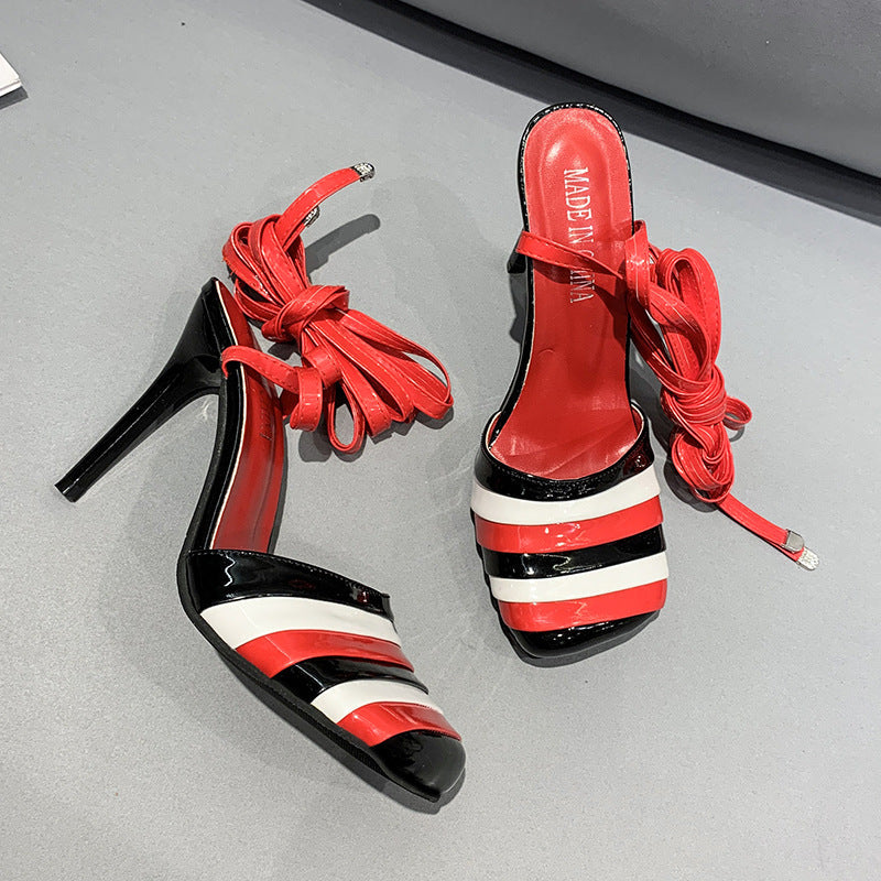 Women color block square toe lace up slingback stiletto high heels