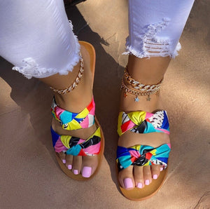 Women two strap colorful bowknot slide flat sandals