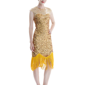 Vintage 1920s sequins tassels evening gowns party dress | Sexy elegant sleevesless midi dress dancewear dress
