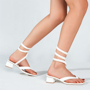 Women new fashion strappy clip toe chunky heel white sandals