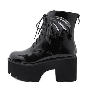 Women gothic chunky high heel platform lace up motorcyle boots with swings