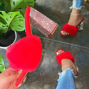 Women rhinestone chunky slipper square peep toe fur heels