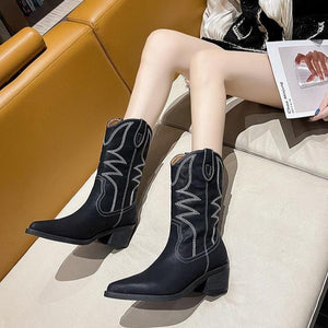 Women retro embroidered chunky heel pointed toe cowboy boots