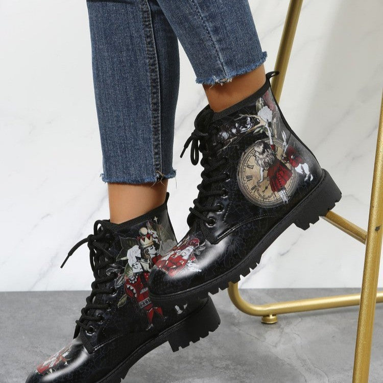 Women printed black boots chunky square low heel lace up ankle boots