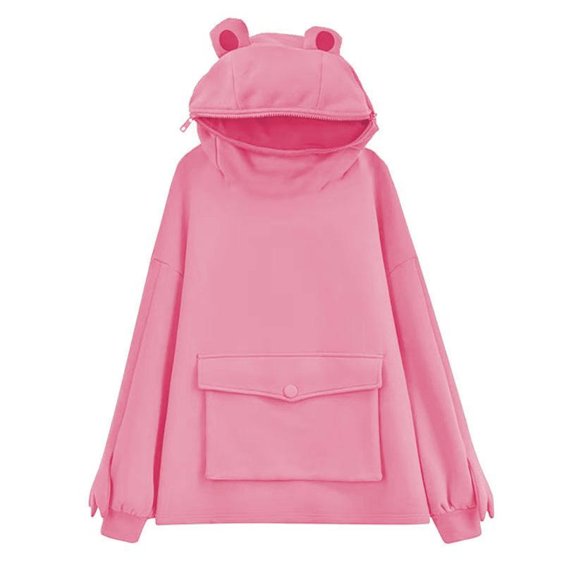 Women cute girl solid color frog hoodie sweatshirt with pocket