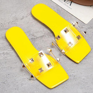 Women summer beach studded clear strap square peep toe slide sandals