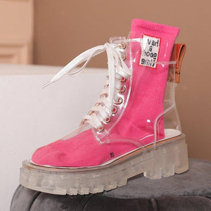 Women sock slip on lace up clear short platform boots