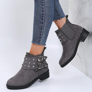 Women studded buckle strap chunky heel slip on short boots