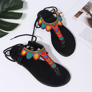 Women colorful printed clip toe strappy lace up flat sandals