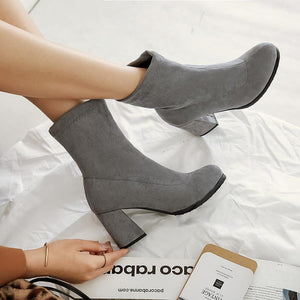 Solid color chunky heel short womens fashion boots