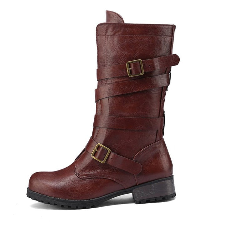 Womne's motorcycle boots retro mid calf boots for women