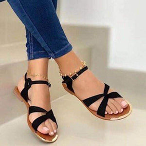 Women criss cross strap summer flat buckle ankle strap sandals