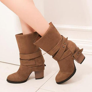 Women chunky high heel buckle strap slip on mid calf boots