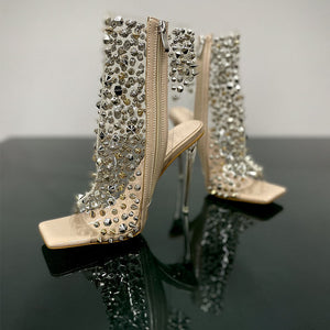 Women square peep toe slingback studded stiletto clear heels