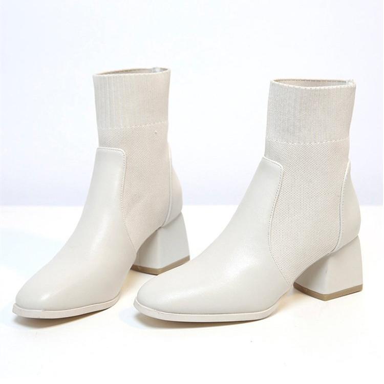 Women knit solid color chunky heel round toe short boots