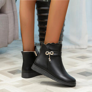 Women fashion rhinestone pendant slip on black ankle boots