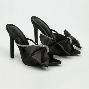 Women pointed peep toe rhinestone strap slide stiletto high heels